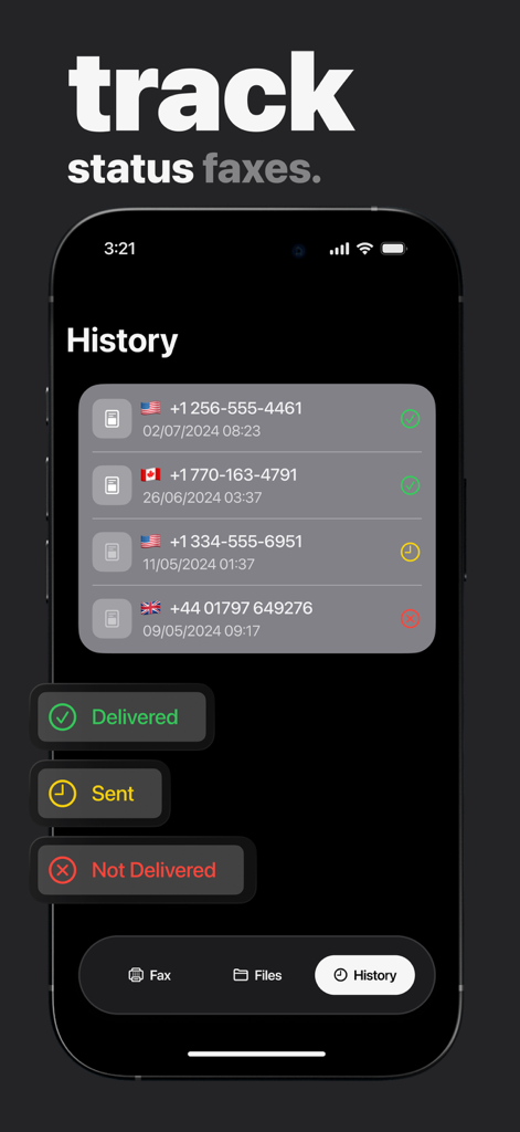 Screenshot showing fax history with delivery status indicators on an iPhone app