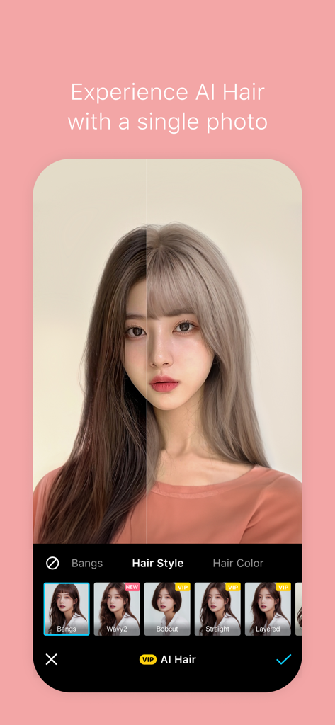 Interface de l'application SNOW montrant la fonction de retouche de style et de couleur de cheveux par IA