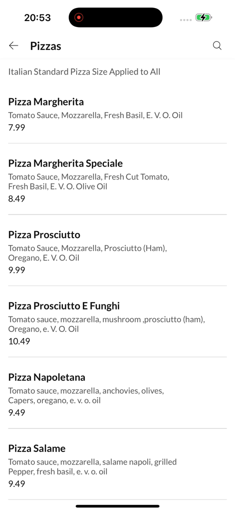 Bella Mahes Pizzeria - Menu selection of various pizzas with prices in the Bella Mahes Pizzeria app.