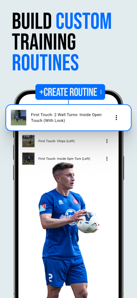 RicFit app interface for building custom soccer training routines with specific drills like first touch and chips.
