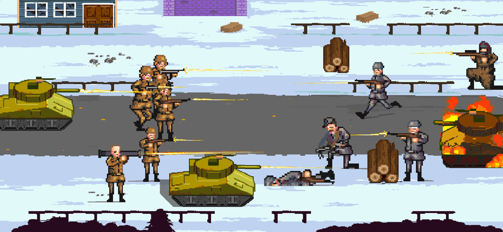 World Warfare 1944: WW2 Game - Pixel art battle scene from World Warfare 1944 showing tanks and soldiers in a snowy winter combat environment.