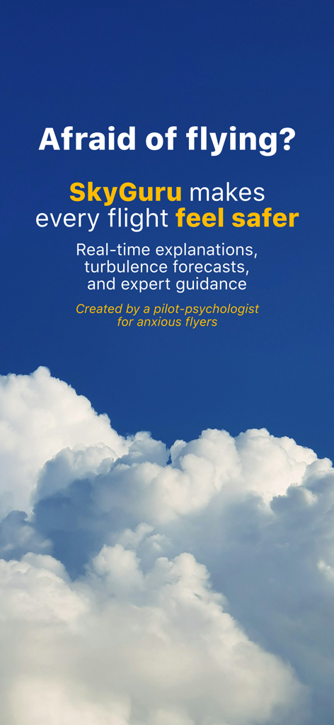 Sky Guru Fear of flying help - Pantalla de introducción de la aplicación SkyGuru con cielo azul y nubes, con texto preguntando ¿Miedo a volar? y ofreciendo explicaciones de vuelo en tiempo real.