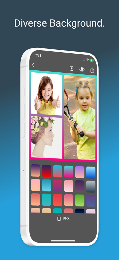 Video Collage Maker: Pic Mix - Video Collage Maker app interface showing colorful background options for photo and video collages