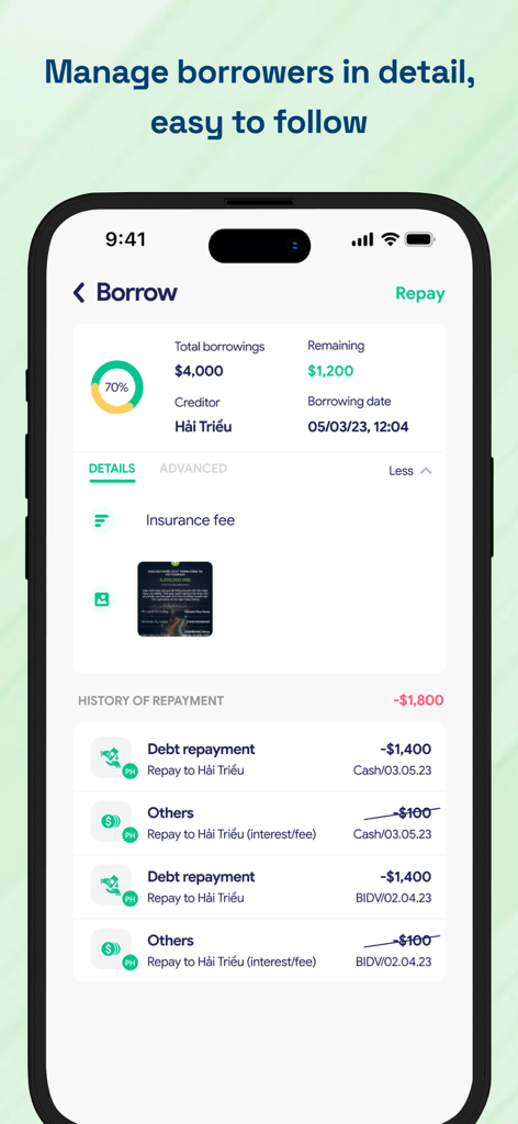 Budget Planner & Tracker: HeDa - HeDa app interface showing detailed debt management with borrowing status and repayment history