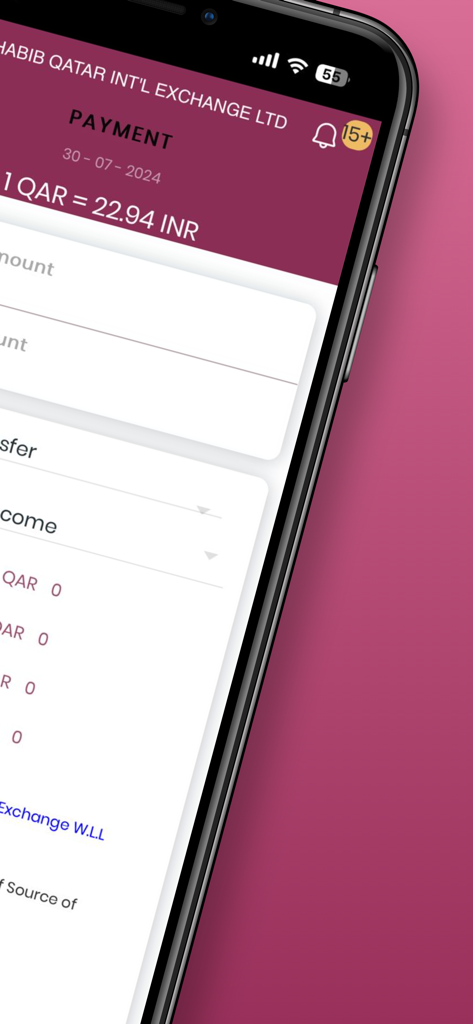 Habib Exchange - Habib Exchange app payment screen showing currency conversion from QAR to INR