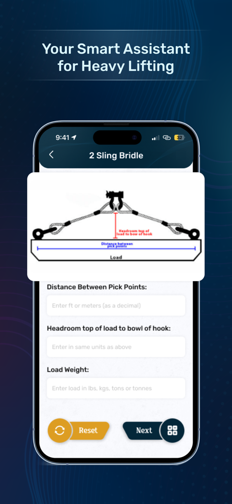 Rigging Load Calculator Tool - Interface of the Rigging Load Calculator app showing 2 Sling Bridle input fields