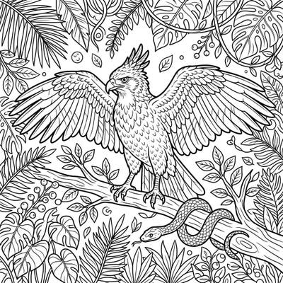 Capture the untamed spirit of the jungle with this captivating Serpent Eagle coloring page. Discover a highly detailed scene featuring this magnificent bird of prey and a snake amidst lush tropical flora, perfect for an immersive artistic escape.