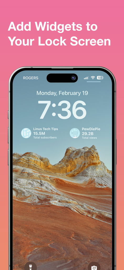 SubWidget - Widget for YouTube - iPhone lock screen displaying live YouTube subscriber and view count widgets for popular channels
