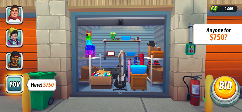 Bid Wars: Auction Master 3D - A storage unit auction gameplay screen showing characters bidding on items like a guitar and piñata