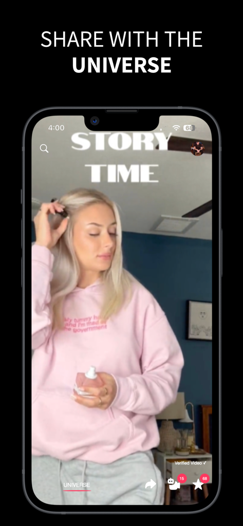 A woman sharing an authentic story video on the Reinbow app interface under the universe section