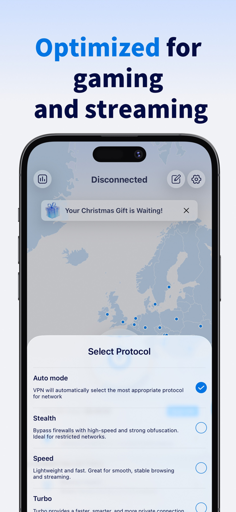 Viva VPN mobile app interface showing protocol selection settings optimized for gaming and streaming