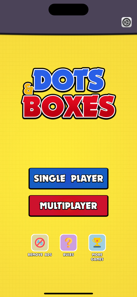 Dots and Boxes (Dot Game) - Hauptmenü der mobilen App Dots and Boxes mit Optionen für Einzelspieler und Mehrspieler auf einem gelben Gitterhintergrund