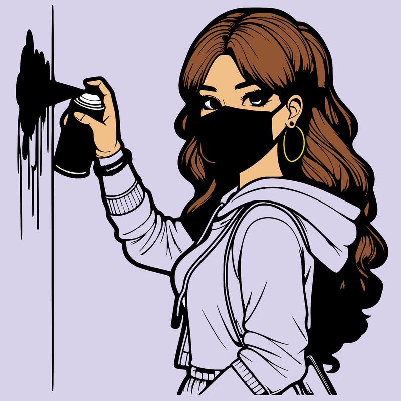 realistic girl with mask spray painting a wall