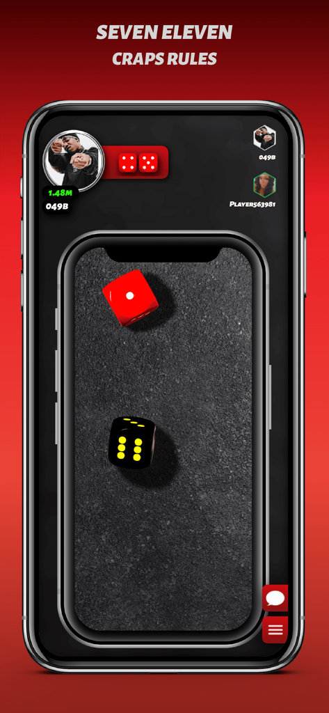 Phone Dice - Écran mobile de l'application Phone Dice montrant une bataille de dés de rue Seven Eleven Craps avec des dés 3D sur un fond d'asphalte.