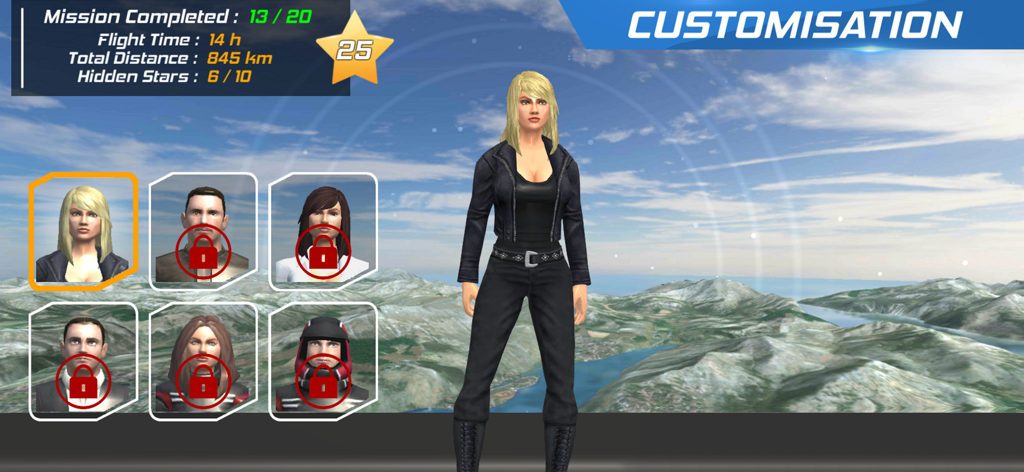 AFPS Airplane Flight Pilot Sim - Pilot character customization screen showing selectable avatars and flight statistics over a mountainous landscape background.