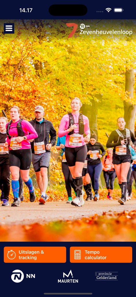 Startbildschirm der Zevenheuvelenloop-Mobile-App mit Läufern auf einer Strecke und Rennwerkzeugen wie Tracking und Tempoberechner