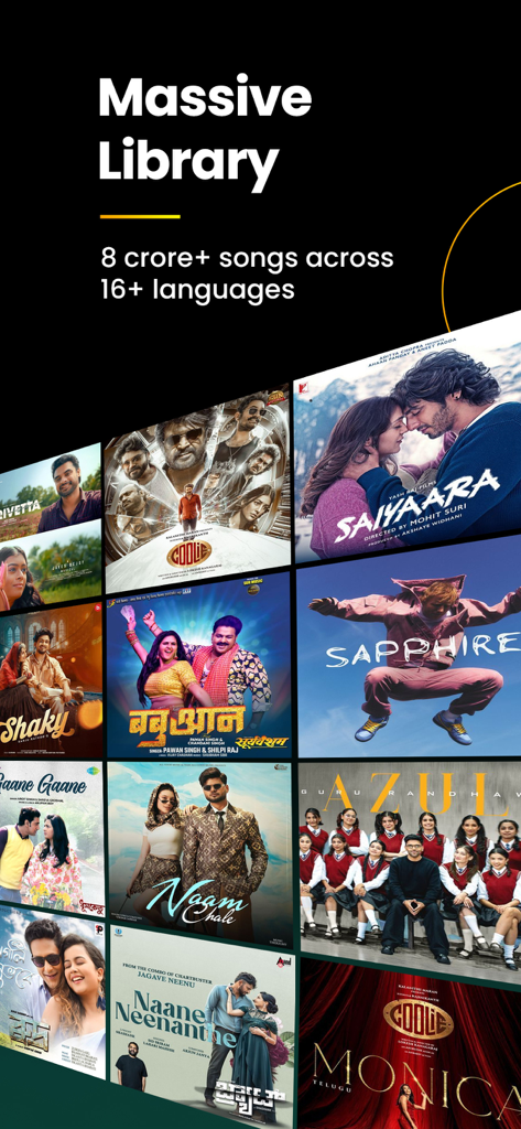 JioSaavnアプリの画面。複数の言語にわたるインド音楽と映画のポスターの巨大なライブラリが表示されています