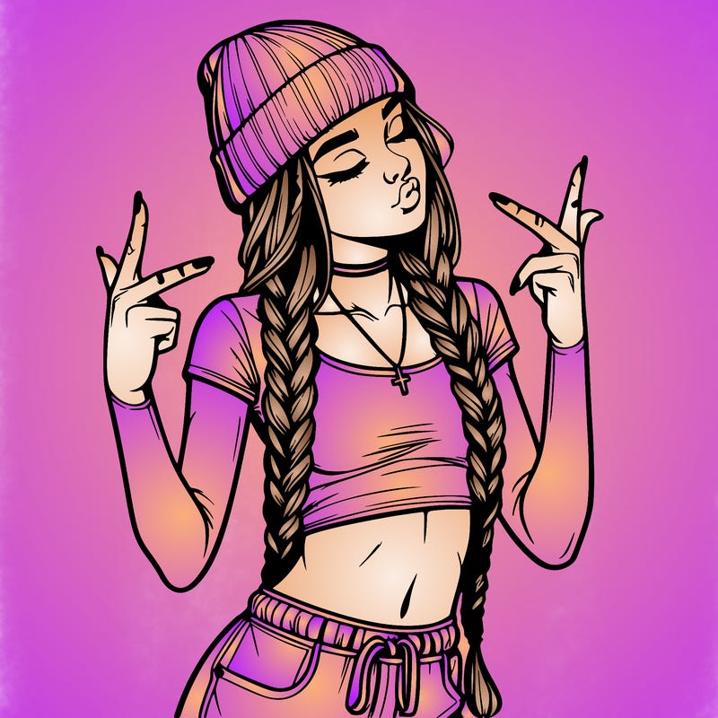 realistic teenage girl with braids and a beanie and crop top doing 🫶🏼