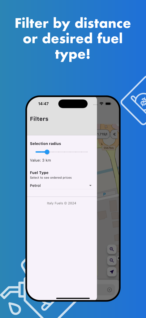 Italy Fuels - Interface of the Italy Fuels app showing search filters for distance and fuel type