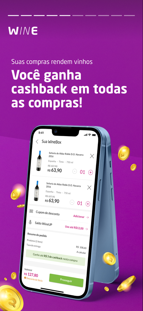 Wine: Loja e Clube de Vinhos - Écran de smartphone affichant un panier d'achat de vin avec des récompenses cashback et des pièces flottantes.
