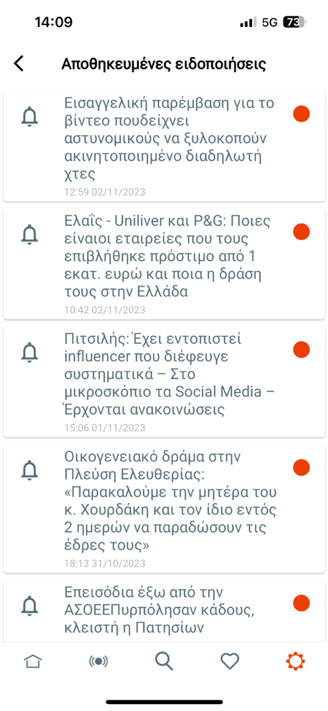 List of saved Greek news notifications in the NewsIT mobile app.