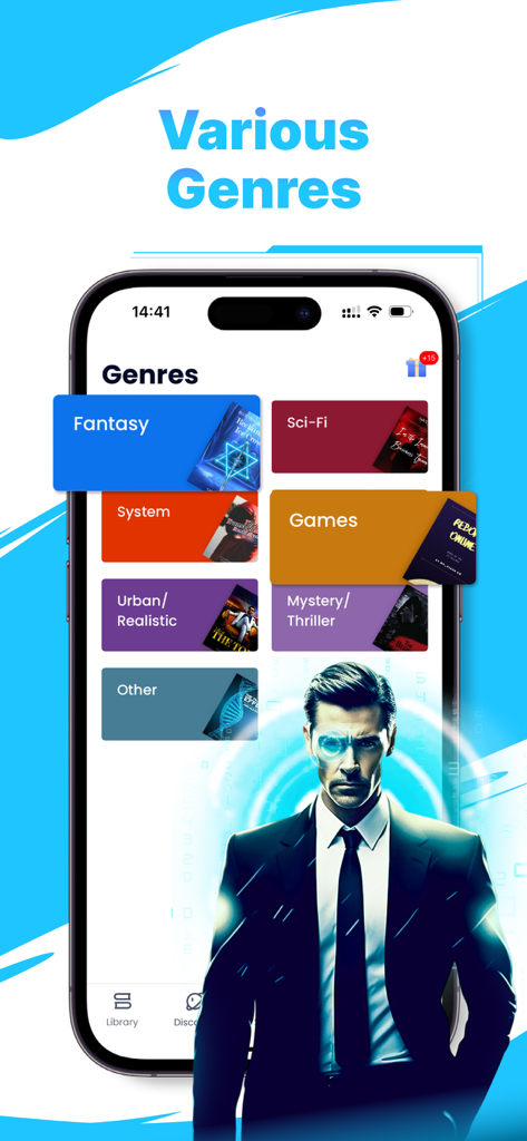 MegaNovelアプリのインターフェース：ファンタジー、SF、ゲームなど、様々な本のジャンルを表示