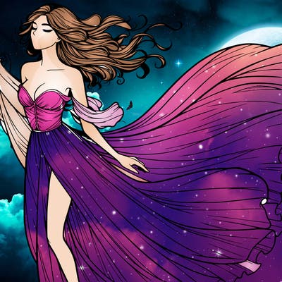 realistic woman in dress flowing the the wind