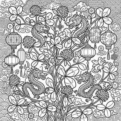 Discover a captivating coloring page where the luck of wild clover meets the festive energy of Lunar New Year. Intricate dragons, lanterns, and patterns await your creative touch in this unique cultural blend.