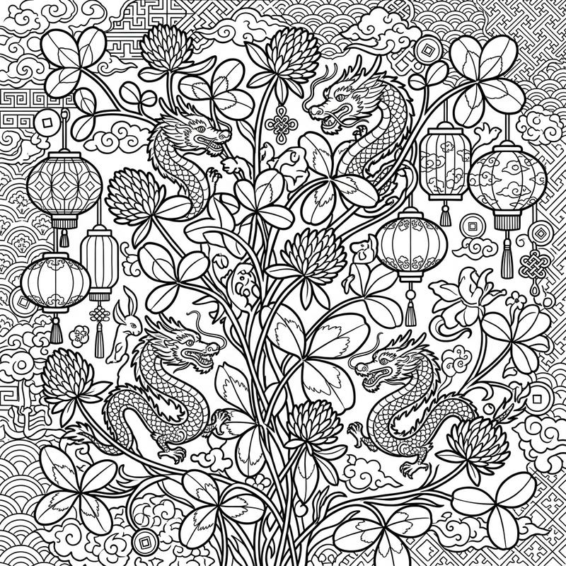 Discover a captivating coloring page where the luck of wild clover meets the festive energy of Lunar New Year. Intricate dragons, lanterns, and patterns await your creative touch in this unique cultural blend.