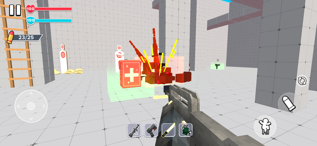 First person view of gameplay in Blocky Shooter featuring pixelated graphics and an explosion
