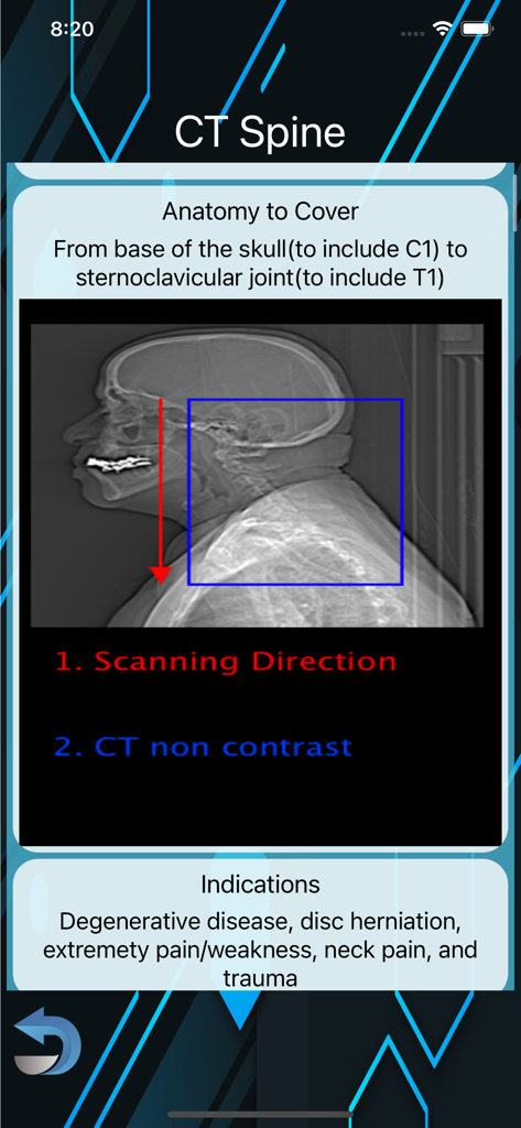 Educational screen showing CT spine scanning protocols and clinical indications.
