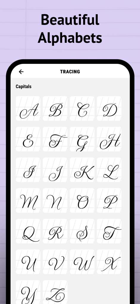 Una griglia di eleganti lettere maiuscole corsive per la pratica del tracciamento calligrafico.