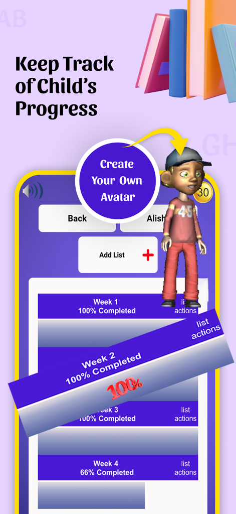 Spelling Homework Times Tables - App interface displaying weekly spelling progress and a customizable child avatar
