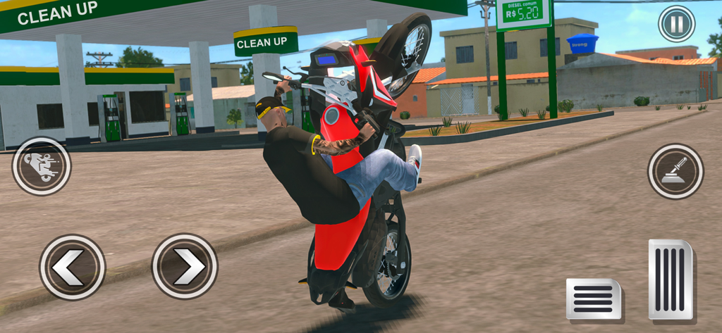 Moto Elite Bike Auto Brasil 3D - Un jugador de motocicleta haciendo un caballito en una gasolinera en Moto Elite Bike Auto Brasil 3D