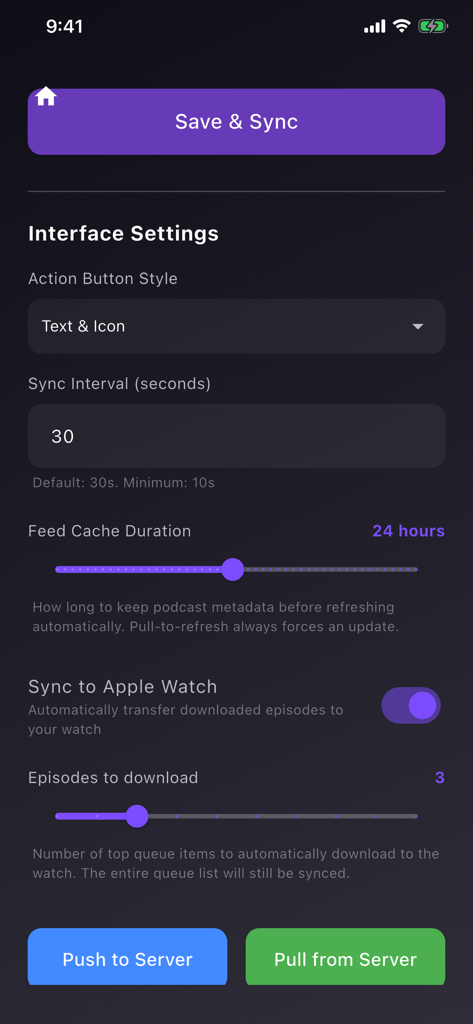 YourPods - YourPods app settings screen for configuring sync intervals feed cache duration and Apple Watch synchronization