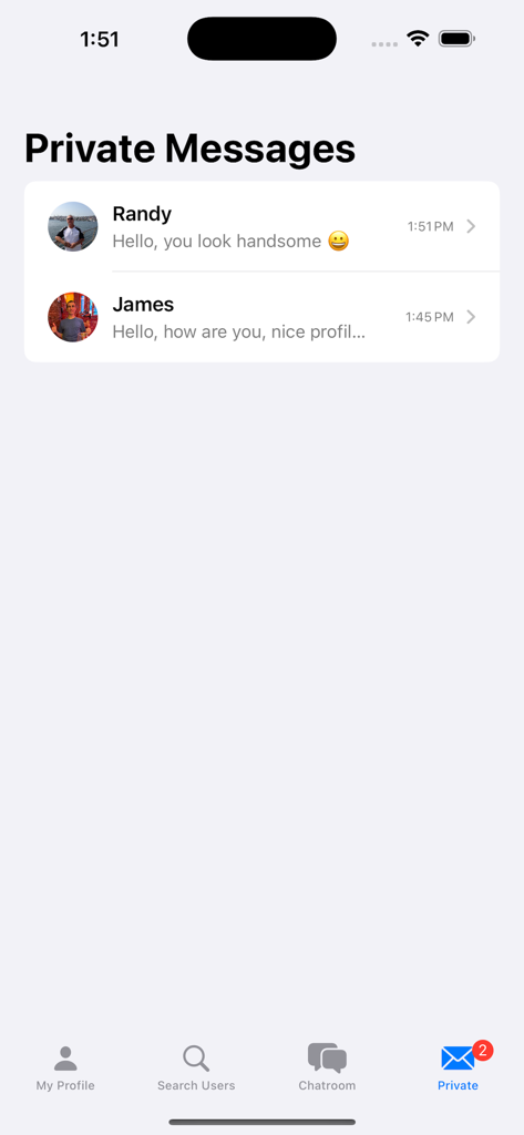 Asian Gay Chat - Screenshot of the private messages screen in the Asian Gay Chat app showing an inbox with two conversations