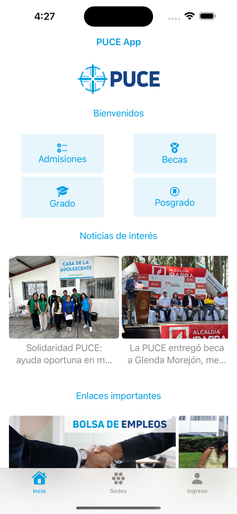 PUCE-App - Main dashboard of the PUCE-App university mobile application showing academic resources and news