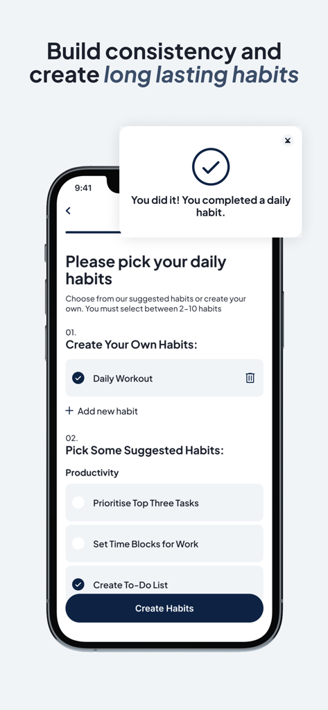 Uplift You mobile app screen showing habit selection and a completed habit notification.
