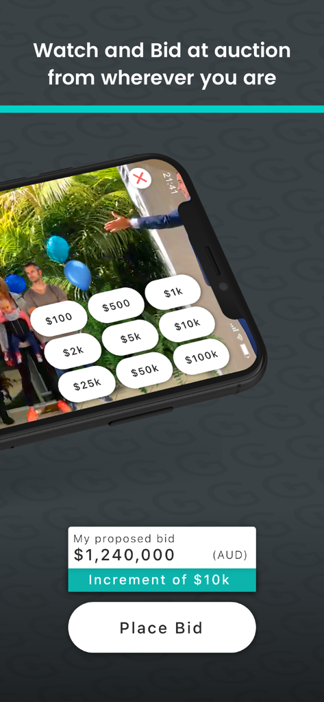 GAVL Live - A smartphone displaying a live real estate auction video with interactive bidding buttons and a place bid interface
