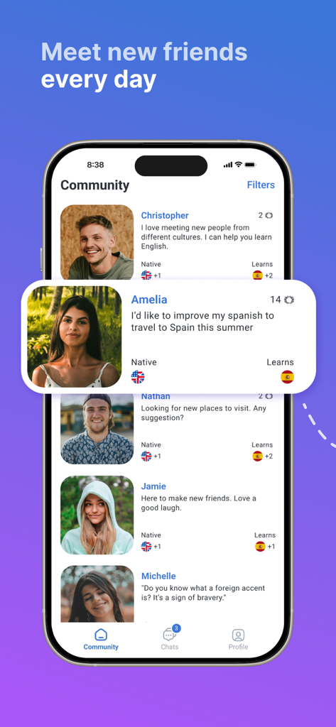 Speaky - Language Exchange - Speaky app community screen showing profiles of people from around the world to practice languages with.