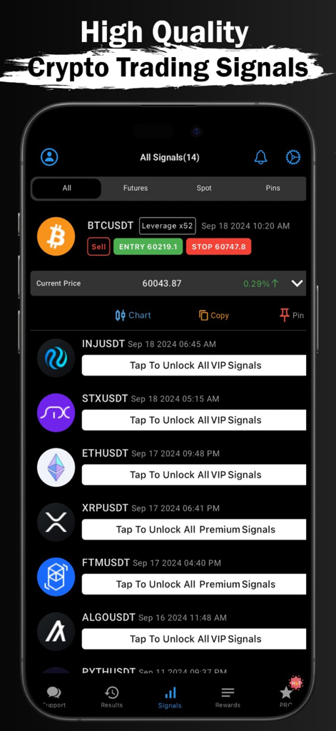 Pro Crypto Signals app interface displaying bitcoin trading signals and premium locked alerts