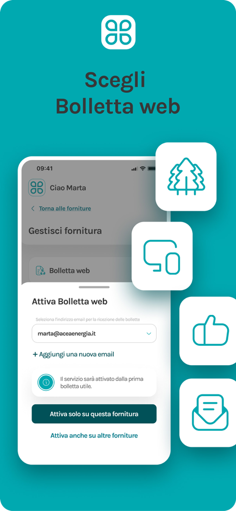 Interfaz de la aplicación móvil MyAcea Energia para activar el servicio de facturación sin papel Bolletta Web con iconos ecológicos.