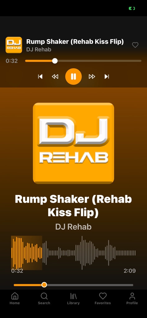 DJ Rehab Music - DJ Rehab Music app player interface showing a mashup track titled Rump Shaker Rehab Kiss Flip with playback controls and waveform.