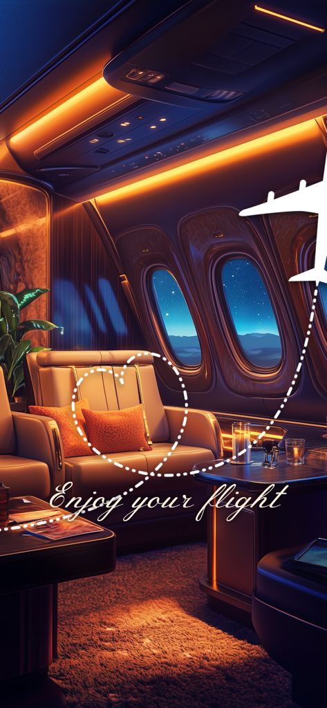Airline Tycoon: The Game - A luxurious first class airplane cabin interior with warm ambient lighting and the text Enjoy your flight
