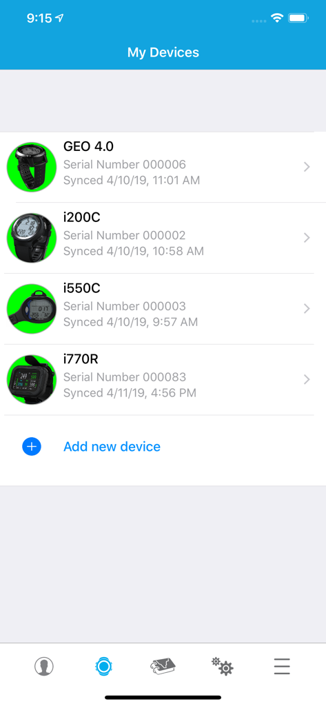 A list of synced dive computers on the My Devices screen of the DiverLog plus app