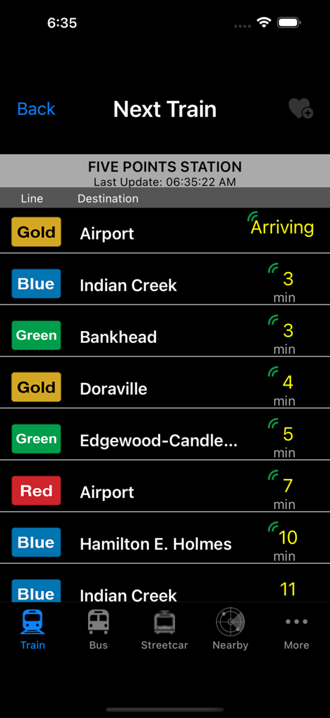 MARTA On the Go - Real-time train arrival schedule for Five Points Station on the MARTA On the Go app showing Gold Blue Green and Red line destinations.