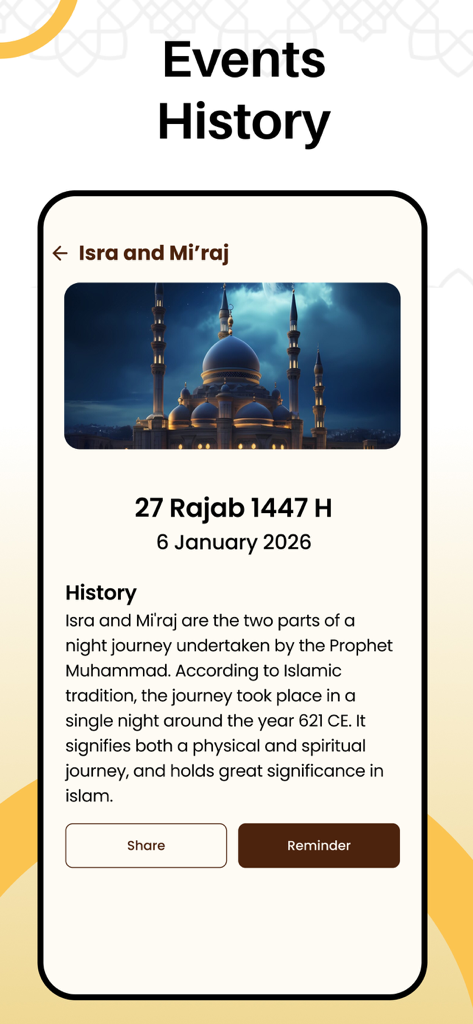 Islamic Hijri Calendar 2026 - Pantalla de historial de eventos que muestra detalles del feriado de Isra y Miraj en la aplicación Calendario Islámico Hégira