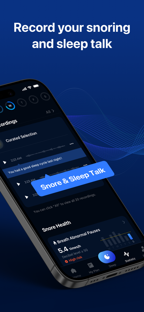 ShutEye®: Sleep Tracker, Sound - ShutEyeアプリがいびき録音と睡眠健康統計を表示するスマートフォン画面