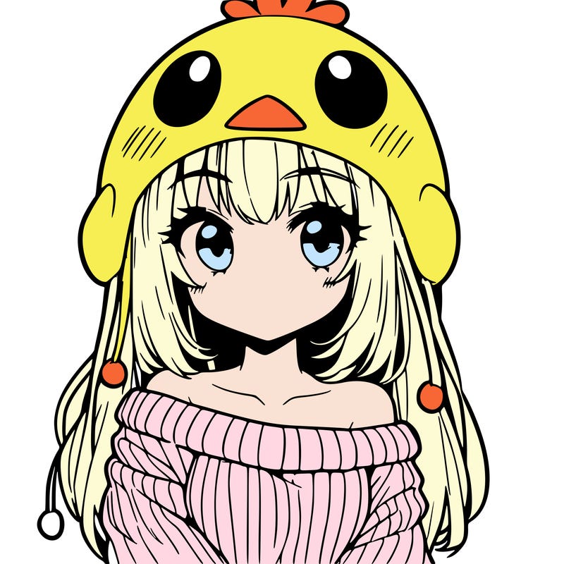anime girl with chick shaped hat with sweater with bare shoulders with bangs covering them one eye with low tail