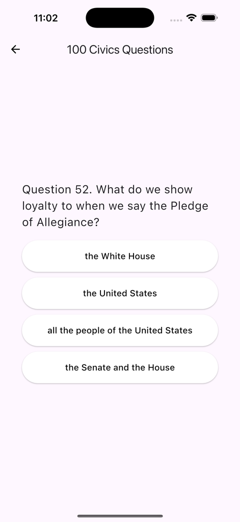 U.S. Citizenship Test Audio - A multiple choice civics question about the Pledge of Allegiance on the U.S. Citizenship Test Audio app interface.